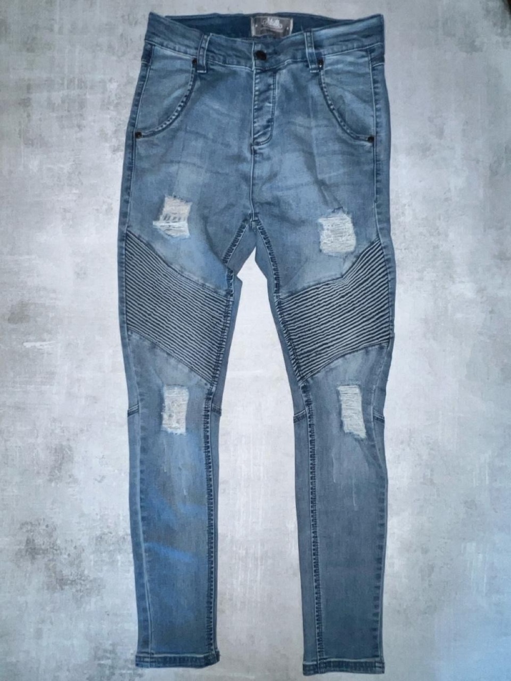 Siksilk distressed blue skinny denim biker jeans featuring heavy factory fading